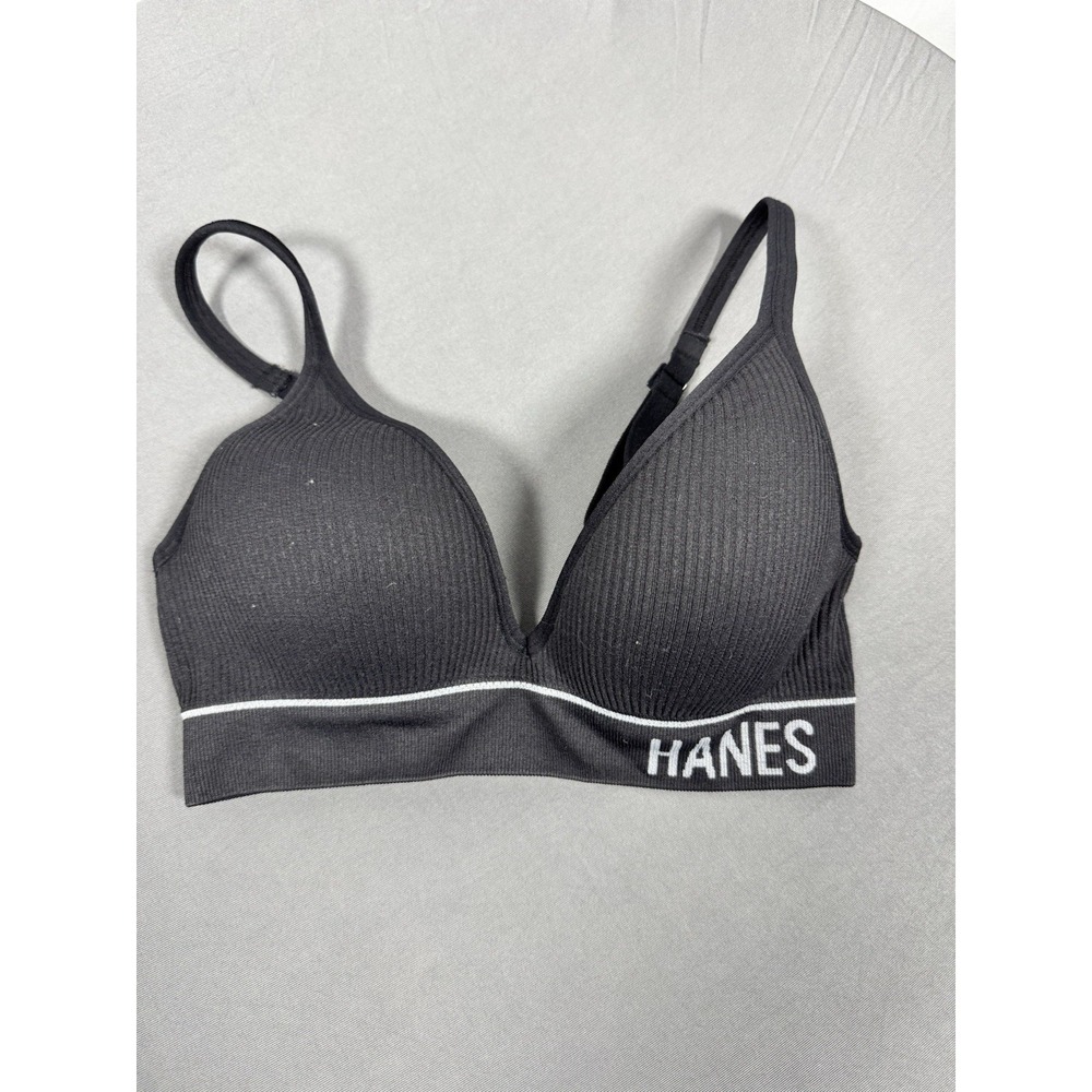 Hanes Womens Ribbed Wireless Bra Black Logo Band Bralette XS